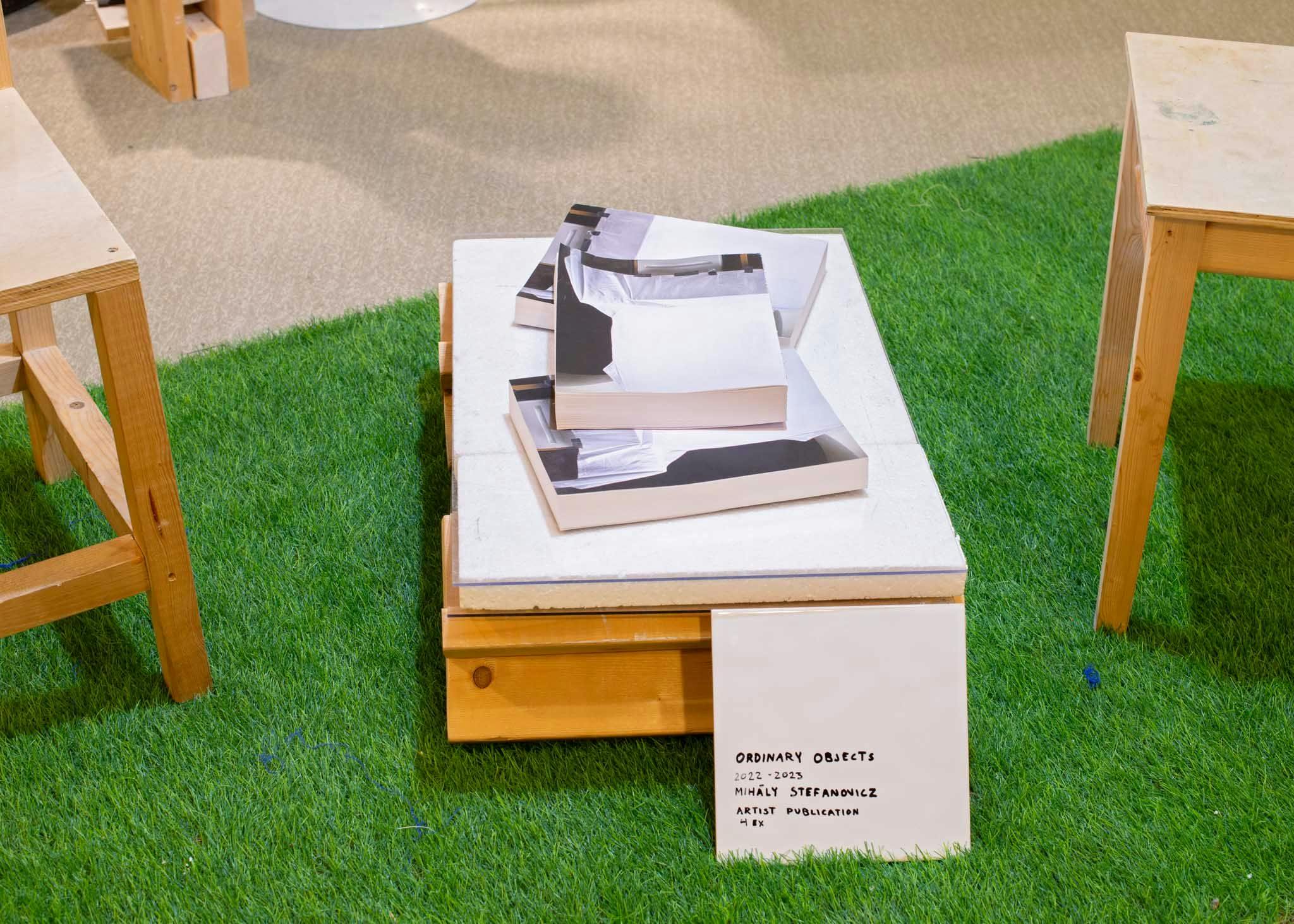 Three books lay on a low table, on artificial grass. A sign reads 'Ordinary objects'.