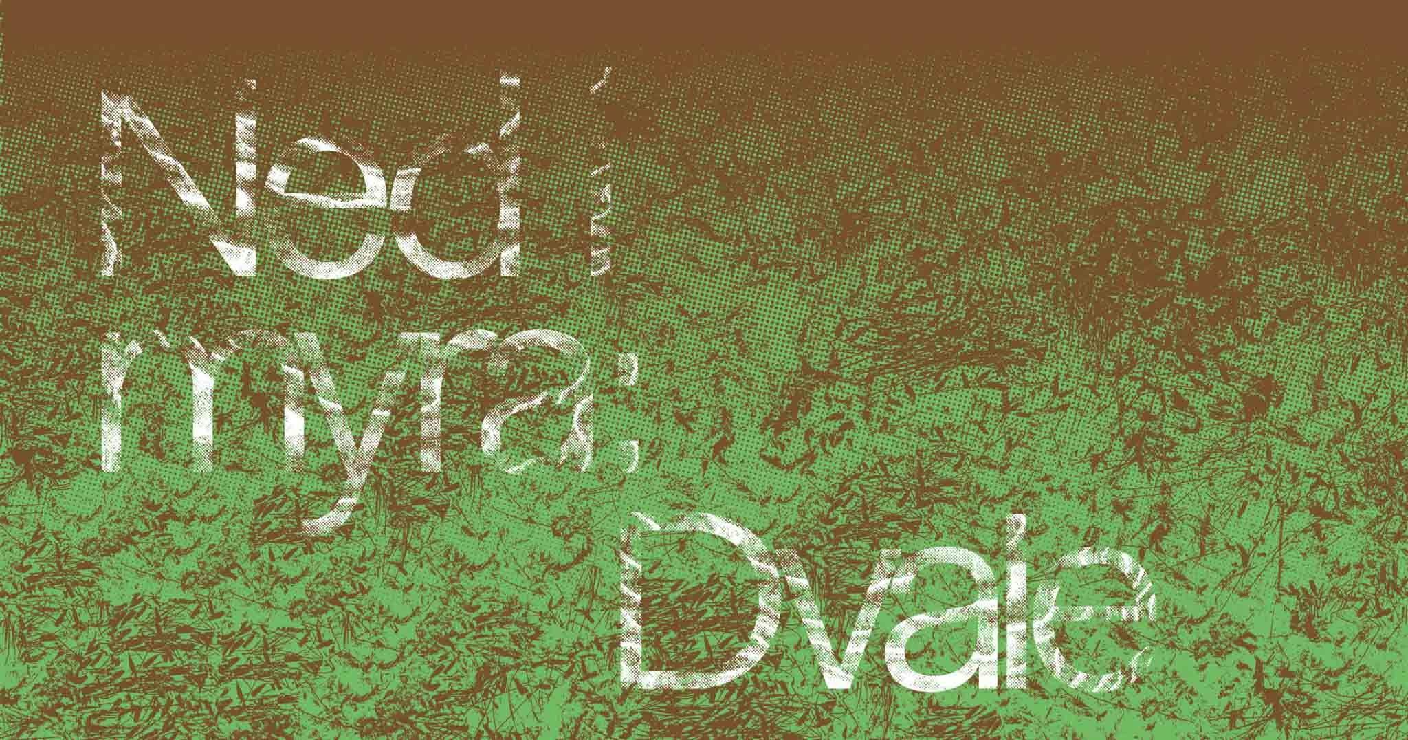 Green and brown abstract background with the text 'Ned i myra: Dvale' in white on top.
