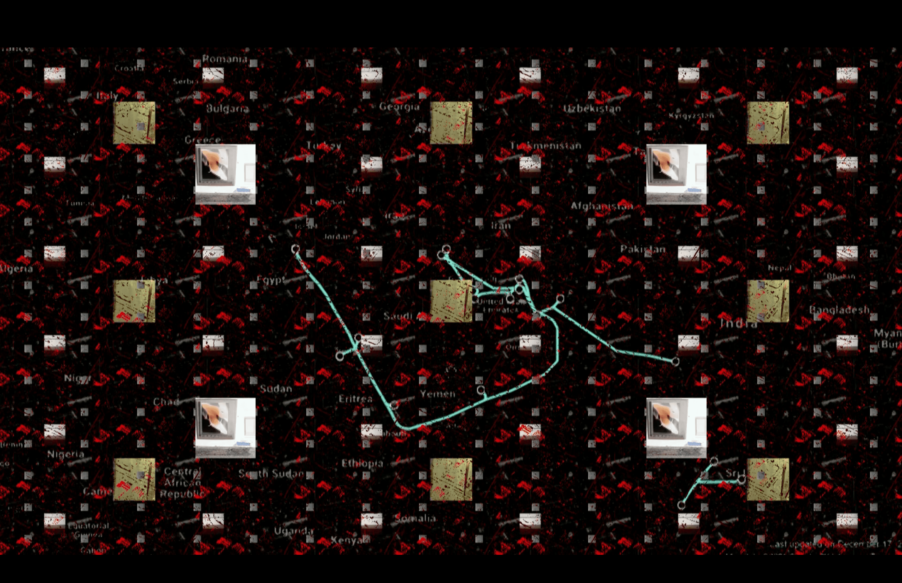 A red grid with square images over the top of it resembles a circuit board